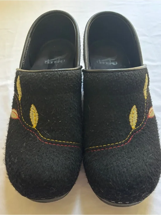 Dansko Black Wool Clogs with Yellow and Red Leaf Stitching - Picture 5 of 8